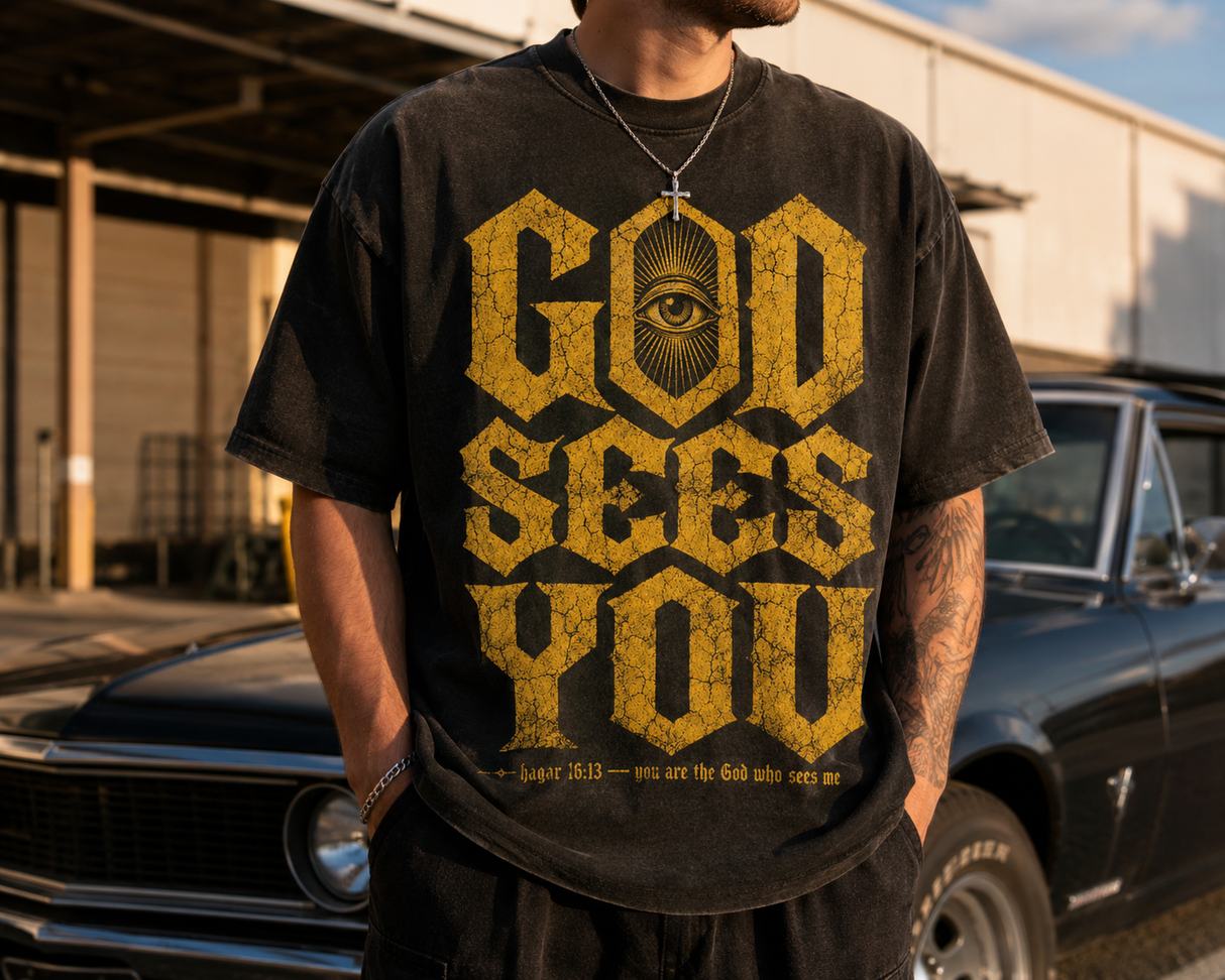 God Sees You T-Shirt — Bold Gothic Eye Graphic Christian Faith Tee