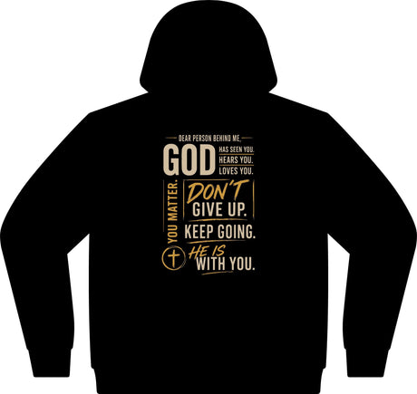 God Loves You Don't Give Up Hoodie — oversized midweight fleece with bold faith encouragement front print by God Sees You Wear