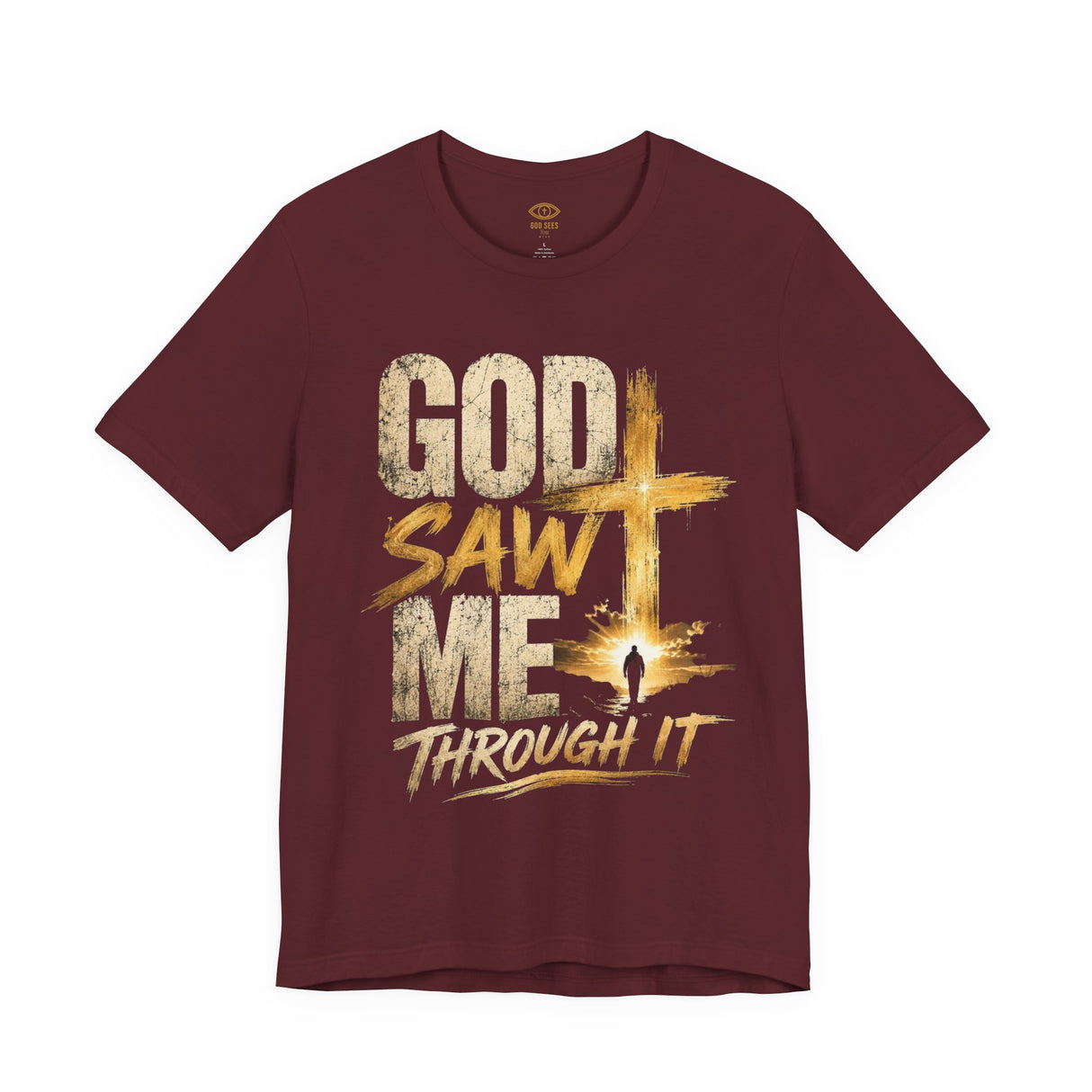 God Saw Me Through It Tee - distressed lettering and painted gold cross design detail