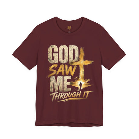 God Saw Me Through It Tee - distressed lettering and painted gold cross design detail
