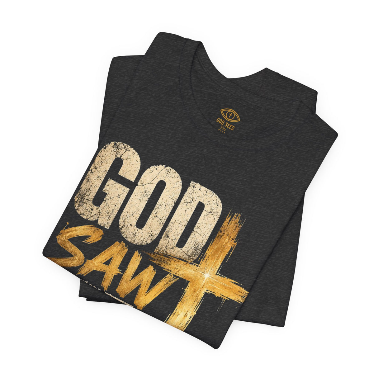 God Saw Me Through It Tee colorway - Christian faith tee with cross and sunrise print